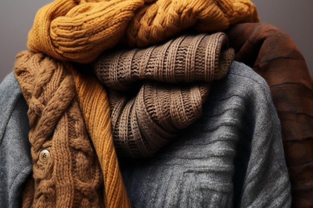 Stack of warm clothes on grey background closeup Winter clothes