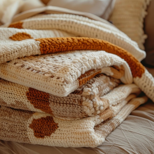 Photo stack of warm knitted sweaters on sofa cozy home interior