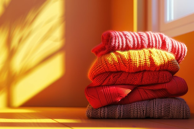 Stack of warm sweaters on colorful background