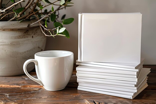 Photo stack of white blank books for mockup and white mugs on wooden modern table