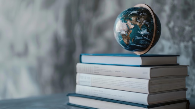 Photo a stack of white books with an earth globe placed on top set against a neutral gray background the foreground is blurred to draw focus to the books and globe