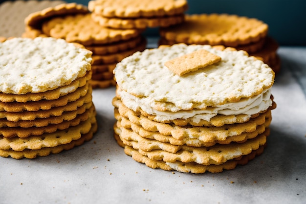 Stack of white chocolate crackers with a small piece of butter on top.