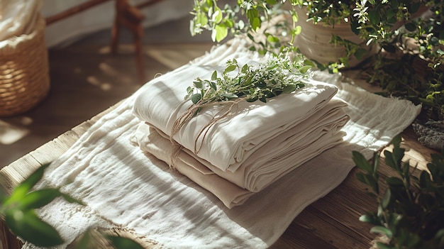 Photo stack of white cloth on a wooden table with green leaves