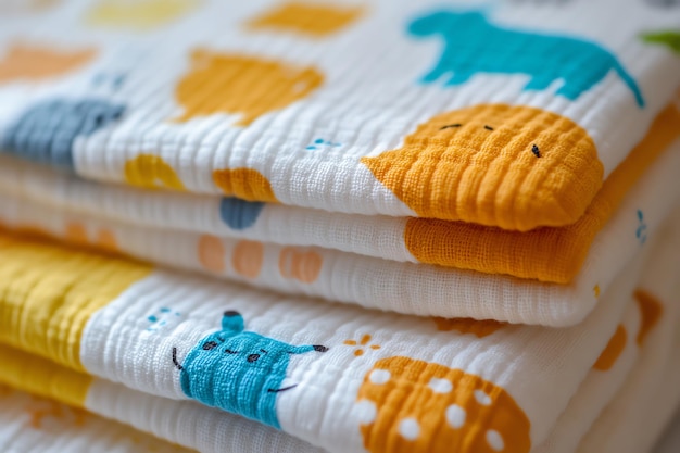 Photo stack of white muslin baby blankets with yellow and blue animal prints