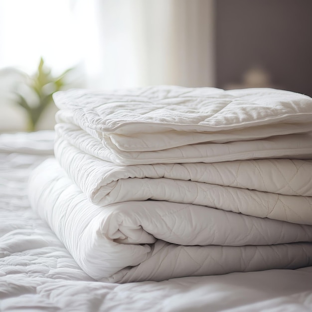 a stack of white towels on a bed with a window behind them