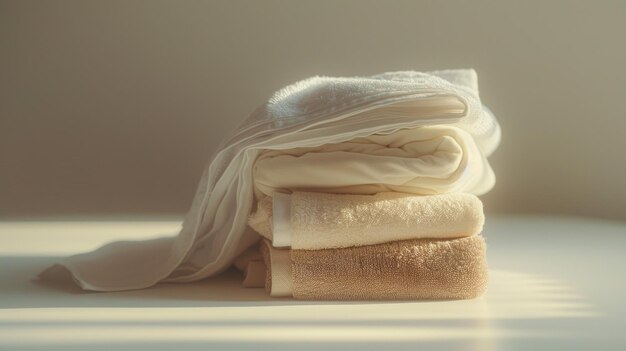 Stack of white towels on table Towels are folded and stacked on top of each other