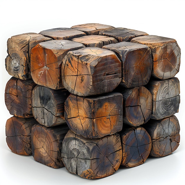 Photo a stack of wood logs with a white background with a flower on the top