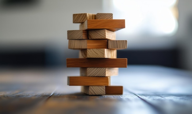 Photo a stack of wooden blocks on a table the blocks are stacked in a way that they are leaning on each other concept of instability and precariousness as if the blocks could easily topple over