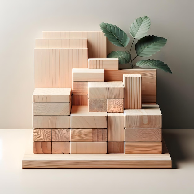 Photo a stack of wooden blocks with a plant in the corner