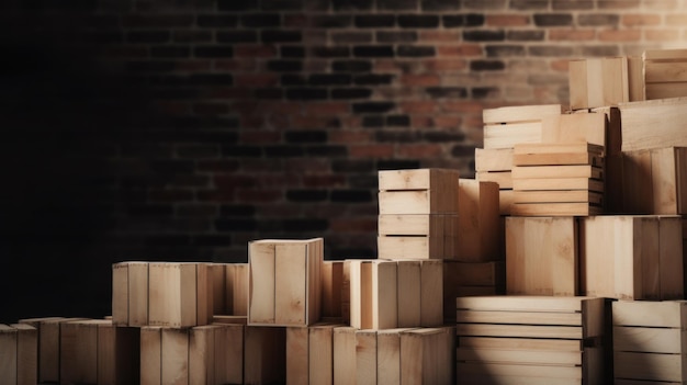 A stack of wooden boxes with one that says'wood'on it