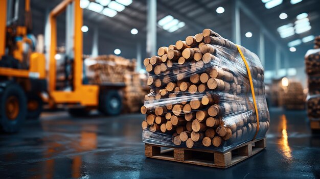 A stack of wooden logs wrapped in plastic on a pallet in a warehouse with a blurred forklift in the background