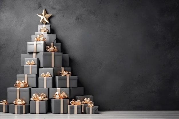 A stack of wrapped christmas presents against a plain wall