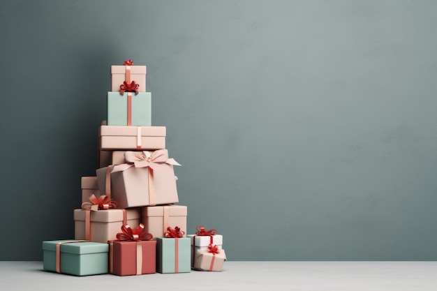 A stack of wrapped christmas presents against a plain wall