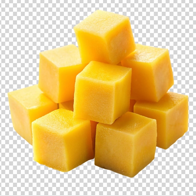 A stack of yellow cheese cubes on transparent background