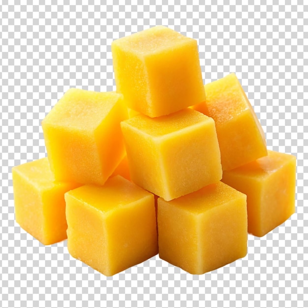 A stack of yellow cheese cubes on transparent background