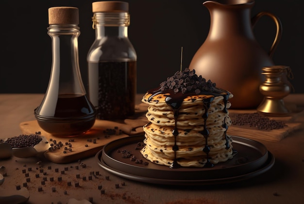 Stack of yummy pancakes with dark chocolate pieces melting Illustration Generative AI