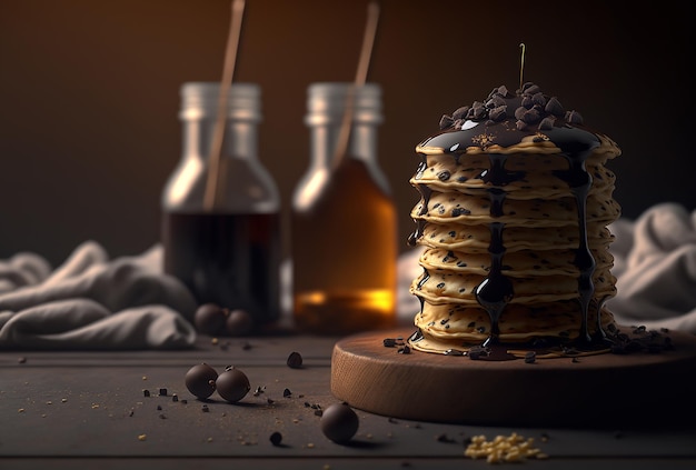 Stack of yummy pancakes with dark chocolate pieces melting Illustration Generative AI