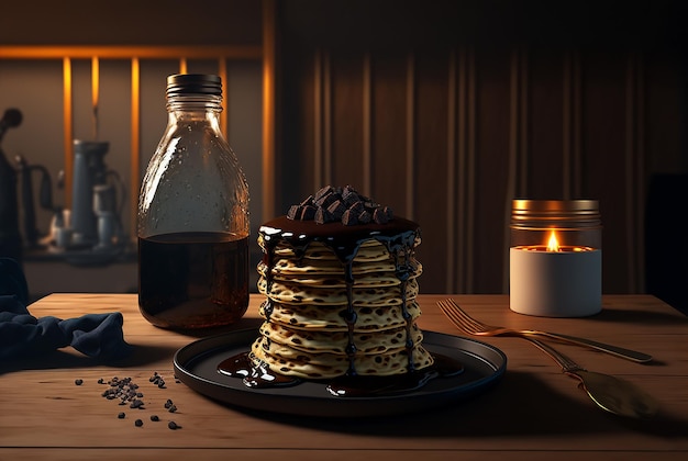 Stack of yummy pancakes with dark chocolate pieces melting Illustration Generative AI