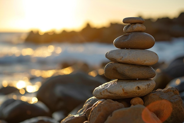 Stack of zen stones on the beach at sunset Zen concept