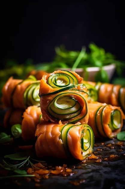 A stack of zucchini roll ups on a black background.