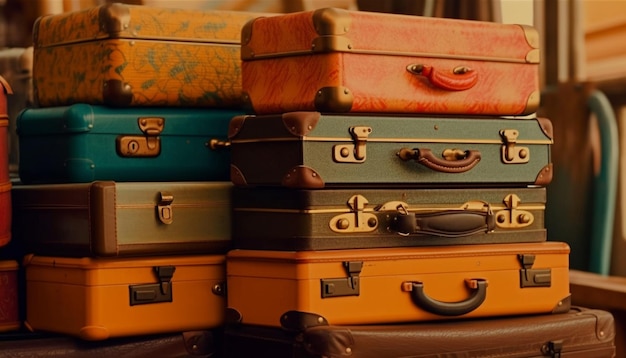 Stacked antique suitcases handle travel memories afar generated by AI