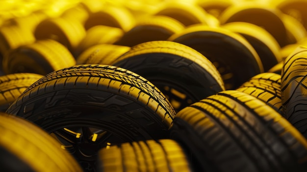 Photo stacked automobile tires in warm lighting are great for a rubber tire accessory or automotive theme