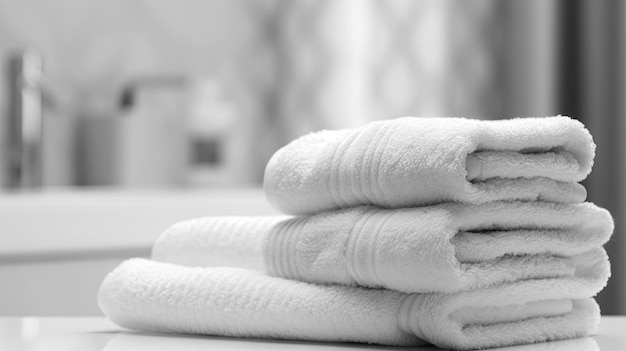 Stacked bath towels on white table indoors