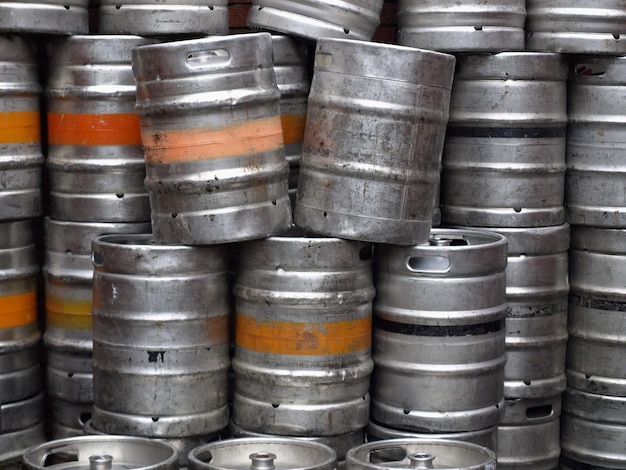 Stacked beer kegs