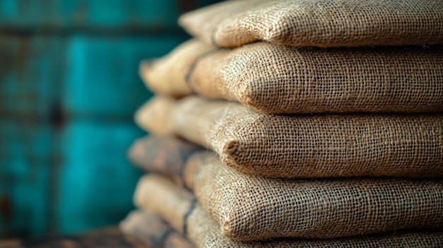 Photo stacked burlap sacks with rustic blue background agricultural storage concept