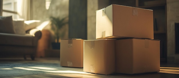 Stacked Cardboard Boxes in a Living Room