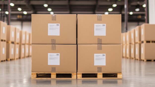 Photo stacked cardboard boxes on a wooden pallet warehouse background