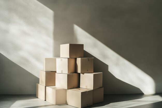 Photo stacked cardboard moving boxes casting shadows in a minimalist interior during afternoon light