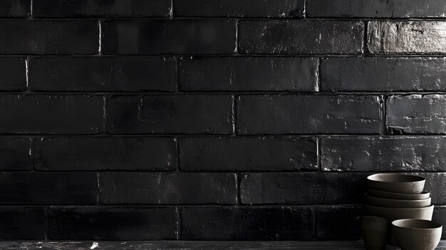 Stacked Ceramic Bowls Against a Black Brick Wall