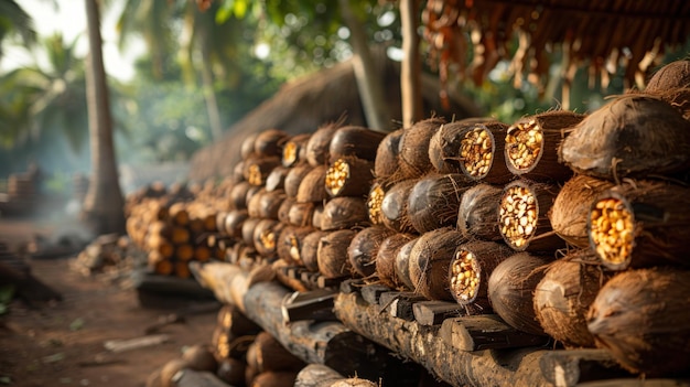 Stacked Coconut Shells Drying in the Sun