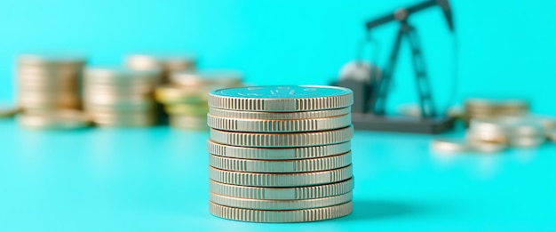 Photo stacked coins in focus with an oil pump model in the background highlighting the financial aspects