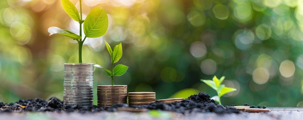 Stacked coins with a plant growing on top symbolizing investment and financial growth