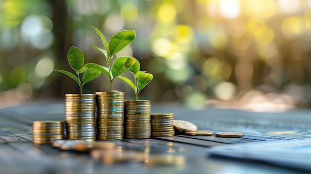 Stacked coins with young plants growing symbolizing financial growth investment and environmental su