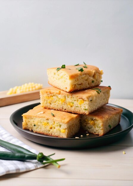 Photo stacked cornbread squares on plate with chives and rosemary garnish rustic homemade delicious fall