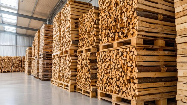 Photo stacked firewood pallets in warehouse storage