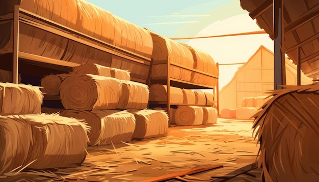 Stacked hay bales in barn background flat design side view agricultural