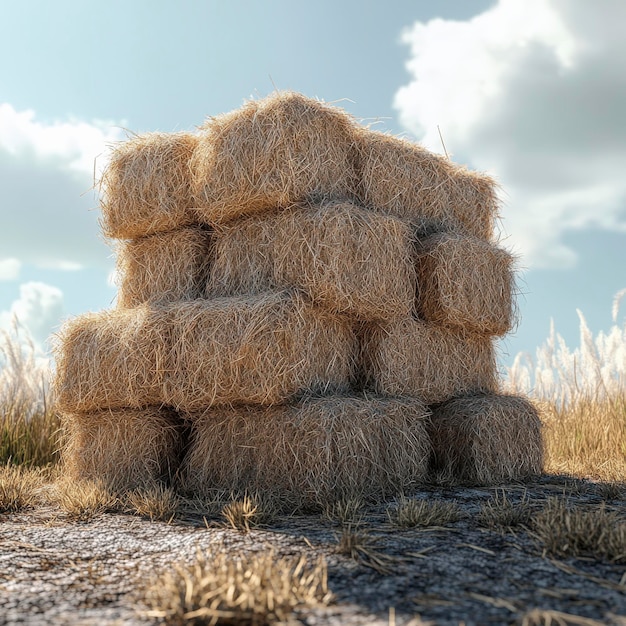 Photo stacked hay bales under cloudy sky representing sustainable farming