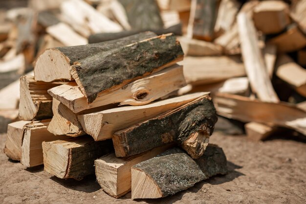 A stacked heap of chopped firewood for the stove Agriculture