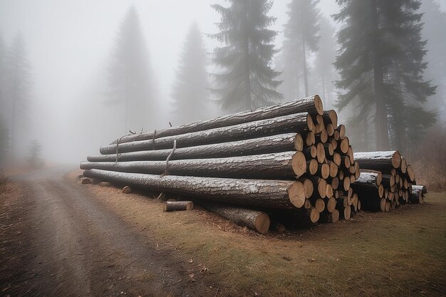 Photo stacked logs in the fog