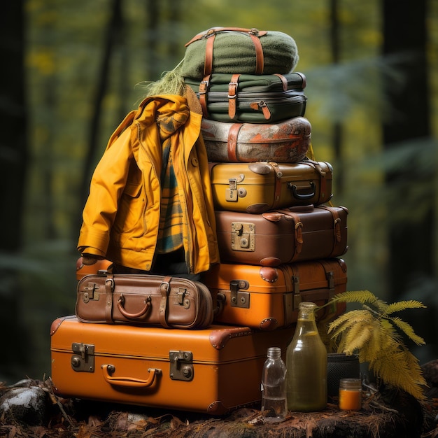 Stacked luggage and clothing ready for travel adventure