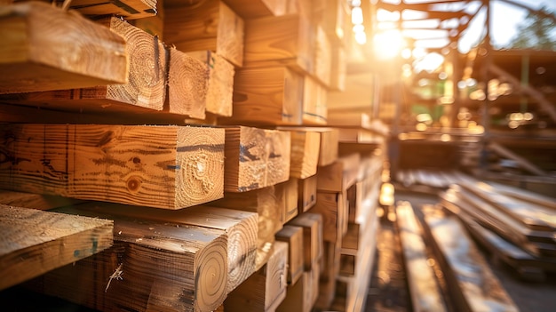 Stacked Lumber in Warm Sunlight