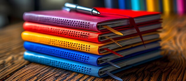 Stacked notebooks and colorful pens arranged neatly