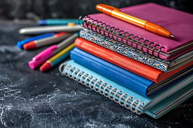 Stacked notebooks and pens for back to school