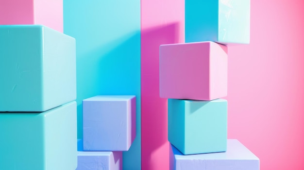 Stacked pastelcolored blocks in blue and pink creating a minimalist and modern composition with soft lighting and geometric shapes