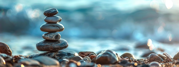 Photo stacked pebbles on a beach with a blurred sea background