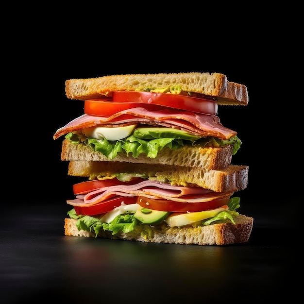 Photo a stacked sandwich featuring layers of meats vegetables and bread against a black backdrop